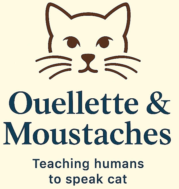 Ouellette & Moustaches logo featuring a minimalist cat face icon with the tagline "Feline Behavior Consultancy"